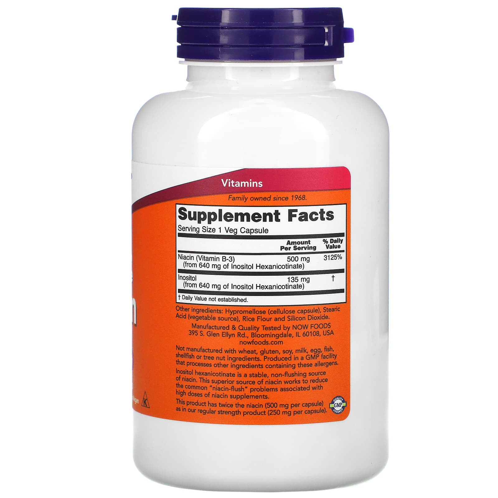 NOW Foods, Niacin, Flush-Free, Double Strength, 500 mg, 180 Veg Capsules