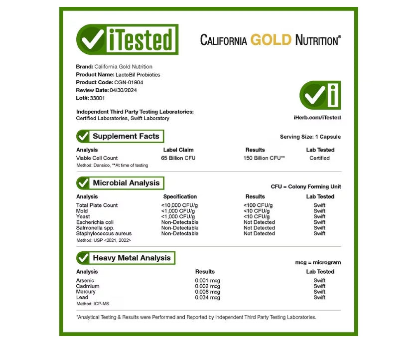 California Gold Nutrition, LactoBif 65 益生菌,650 億 CFU,30 粒素食膠囊