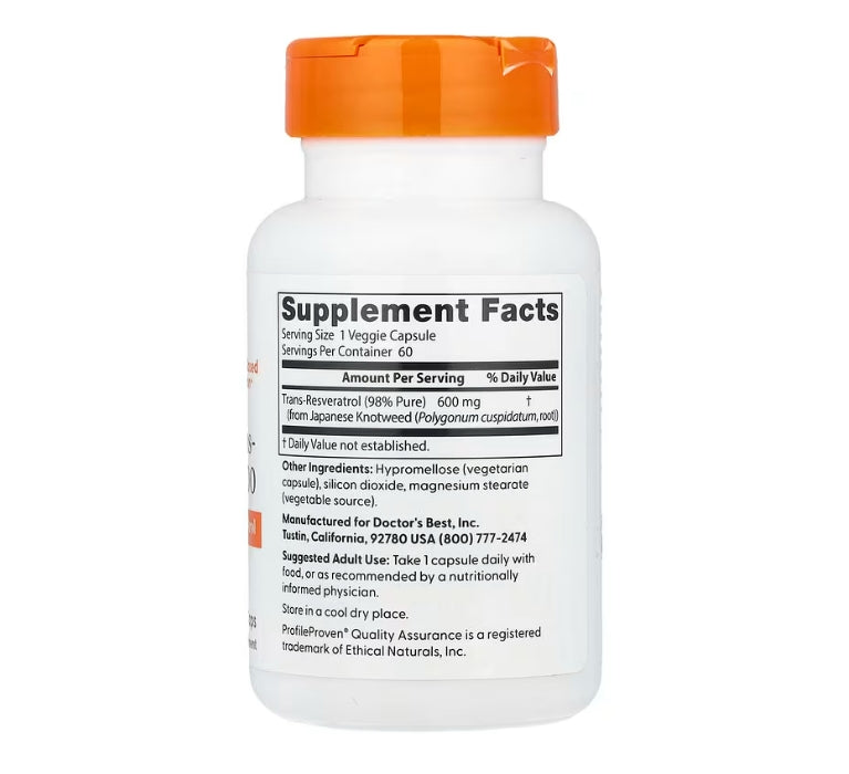Doctor's Best, 優效反式白藜蘆醇 600,600 毫克,60 粒素食膠囊