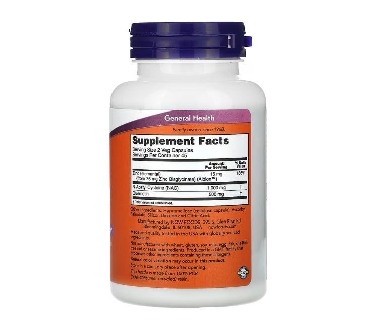 NOW Foods, N-乙醯半胱氨酸(NAC)槲皮素和鋅,90 粒素食膠囊