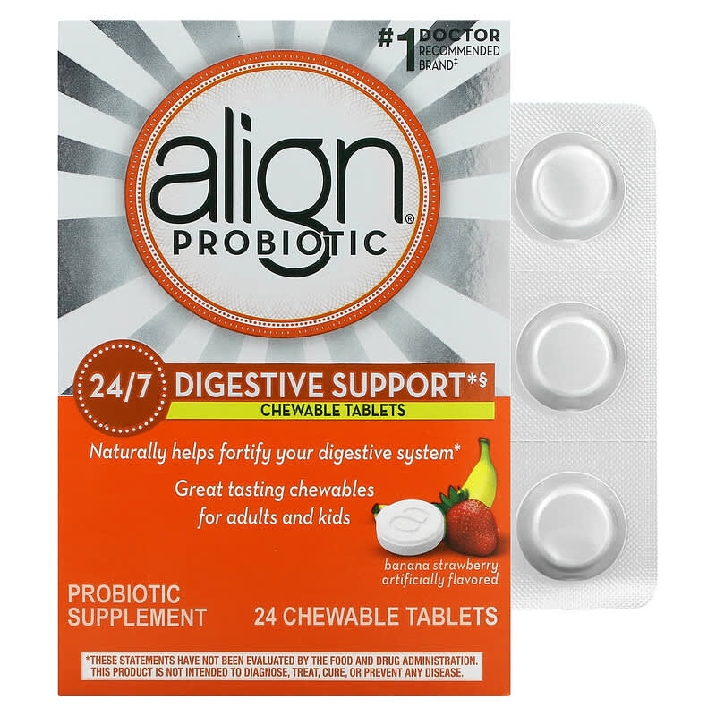 **Align Probiotics,全天消化幫助,香蕉草莓口味,24片咀嚼片