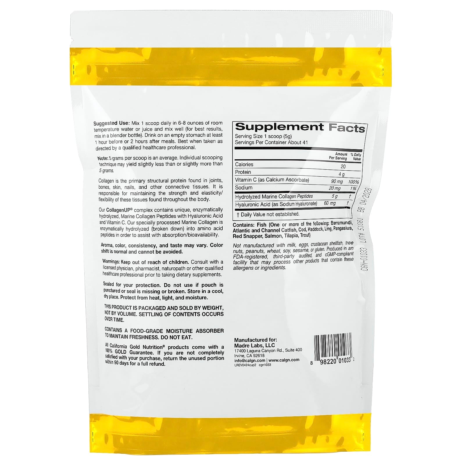 *California Gold Nutrition, CollagenUP®,水解海洋膠原蛋白肽 + 透明質酸和維生素 C,原味,7.26 盎司(206 克)