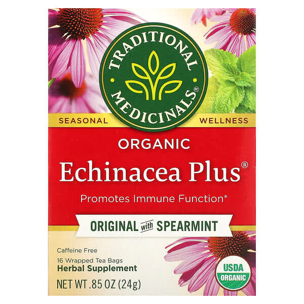 Traditional Medicinals, 有機 Echinacea Plus,原生留蘭香,無咖啡萃取,16 獨立茶包,0.85 盎司(24 克)