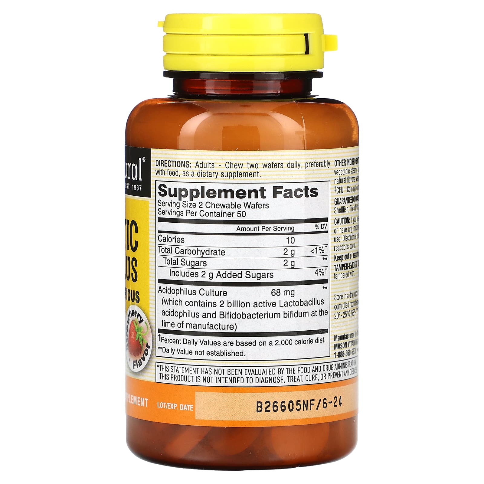 *Mason Natural, Chewable Probiotic Acidophilus & Bifidus, Strawberry, 2 Billion CFU, 100 Wafers