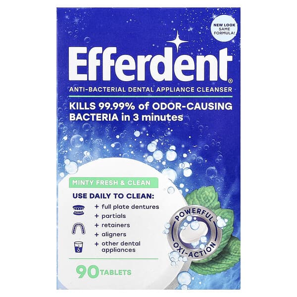 Efferdent, 抵御細菌牙科器具清潔劑,薄荷清爽潔淨,90 片