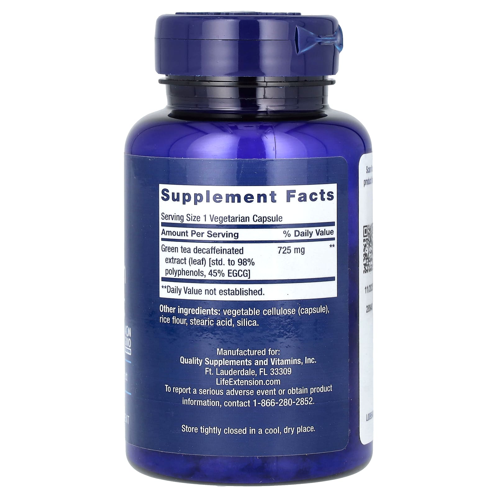 Life Extension, 超級綠茶提取物,脫因,725 毫克,100 粒素食膠囊