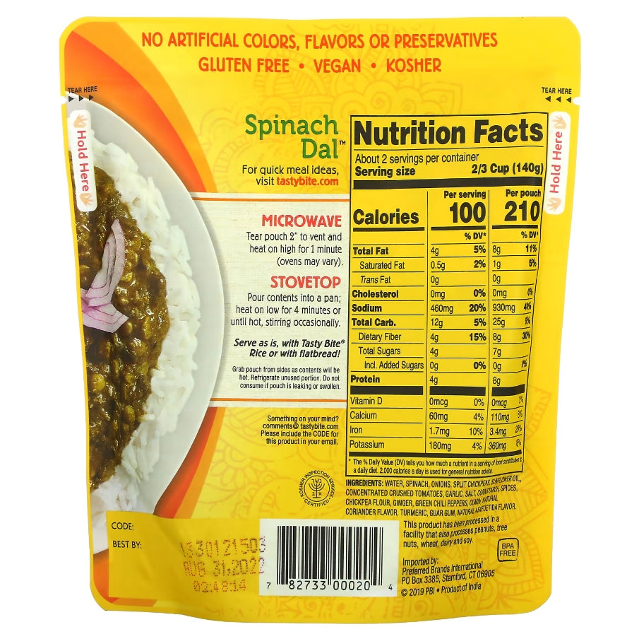 FREE Tasty Bite, Indian Spinach Dal, Mild, 10 oz (285 g)