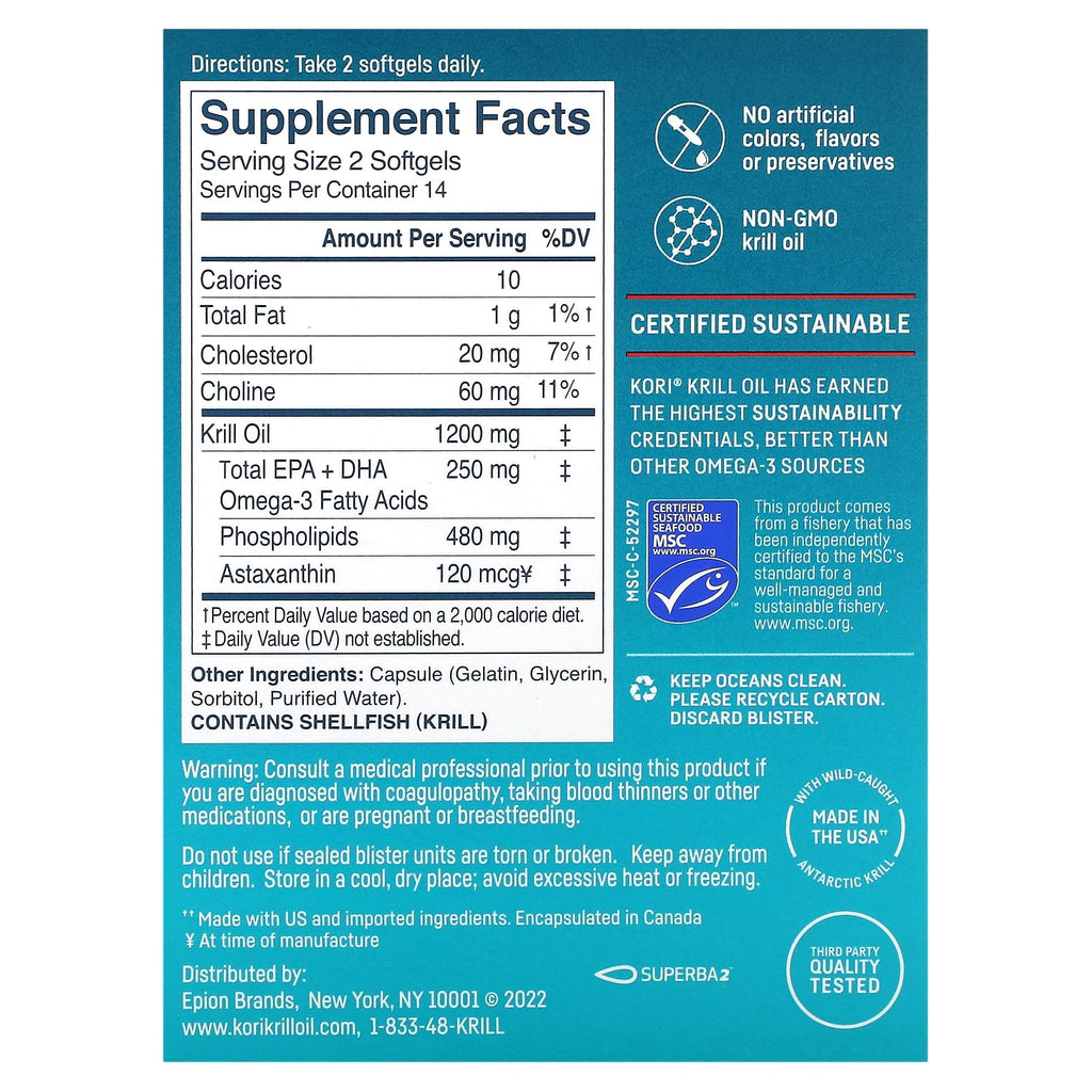 Kori, Pure Antarctic Krill Oil, MultiBenefit Omega3, 600 mg, 28 Soft